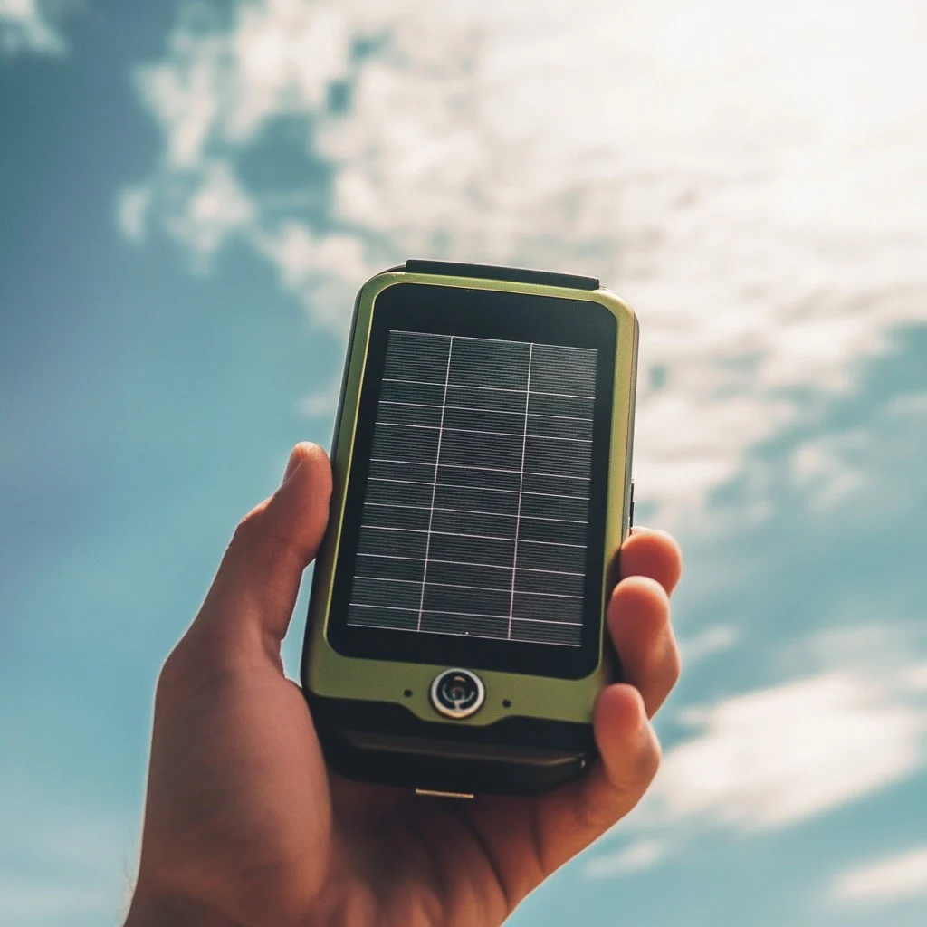 Solar-powered laptop charging case in use outdoors